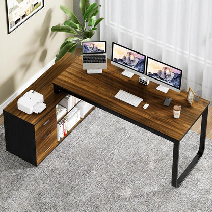 BOMP L-Shaped Office Desk with Drawers and Shelves