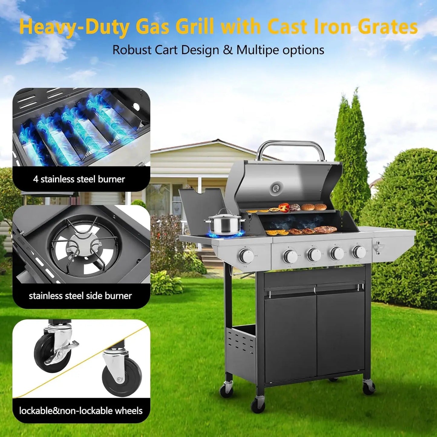 Propane Gas Grill with Side Burner Stainless Steel