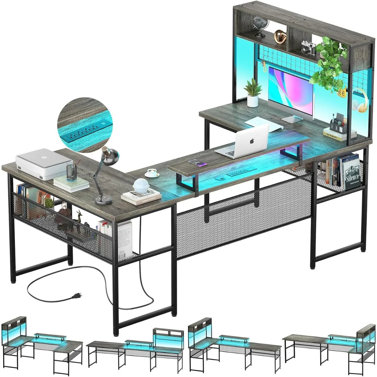 BOMP U-Shaped Office Desk with Power Outlets and LED Lights