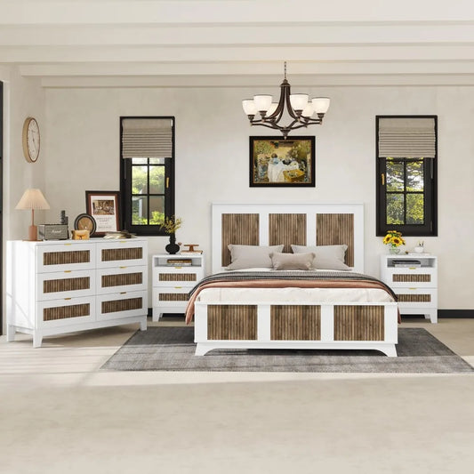 4-Piece Bedroom Set Queen Bed Nightstand Dresser Farmhouse Style