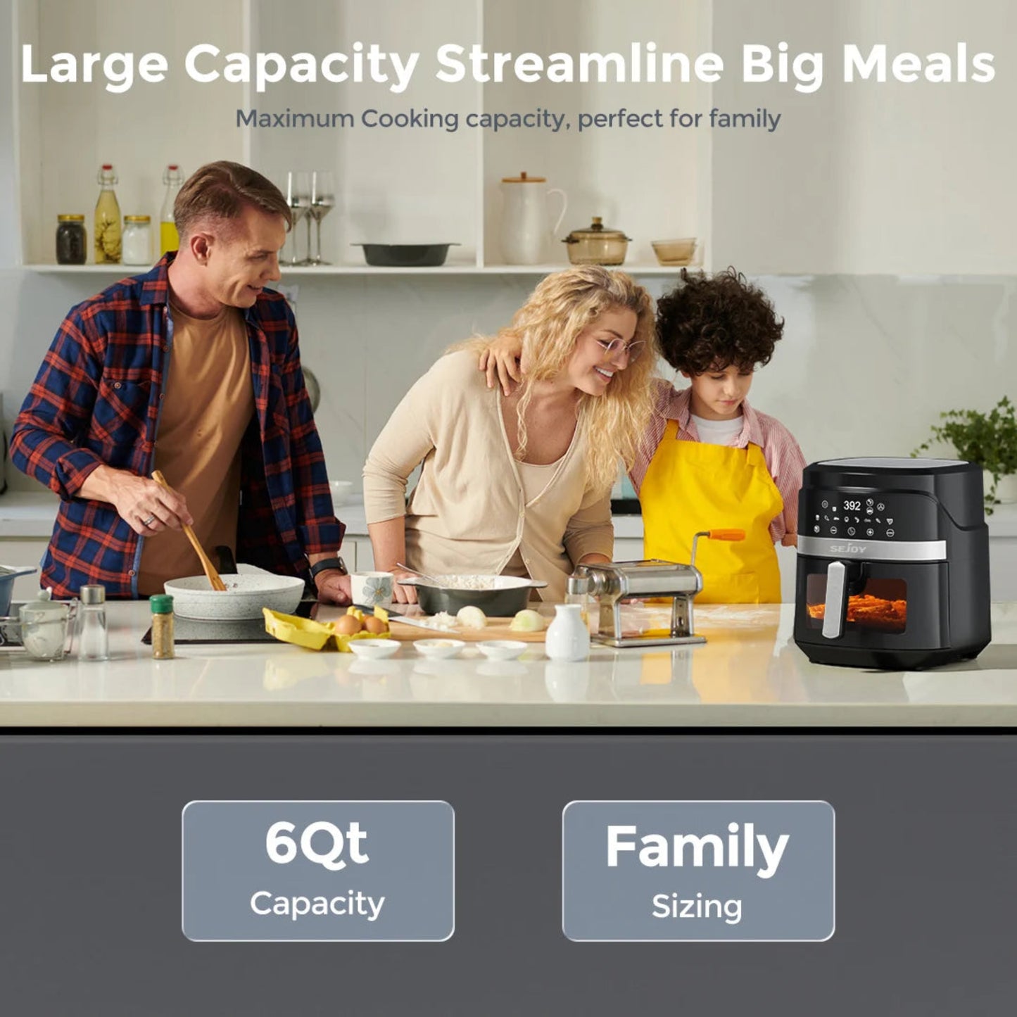 Family in a kitchen with large-capacity cookers emphasize maximum cooking capacity and suitability for family use.