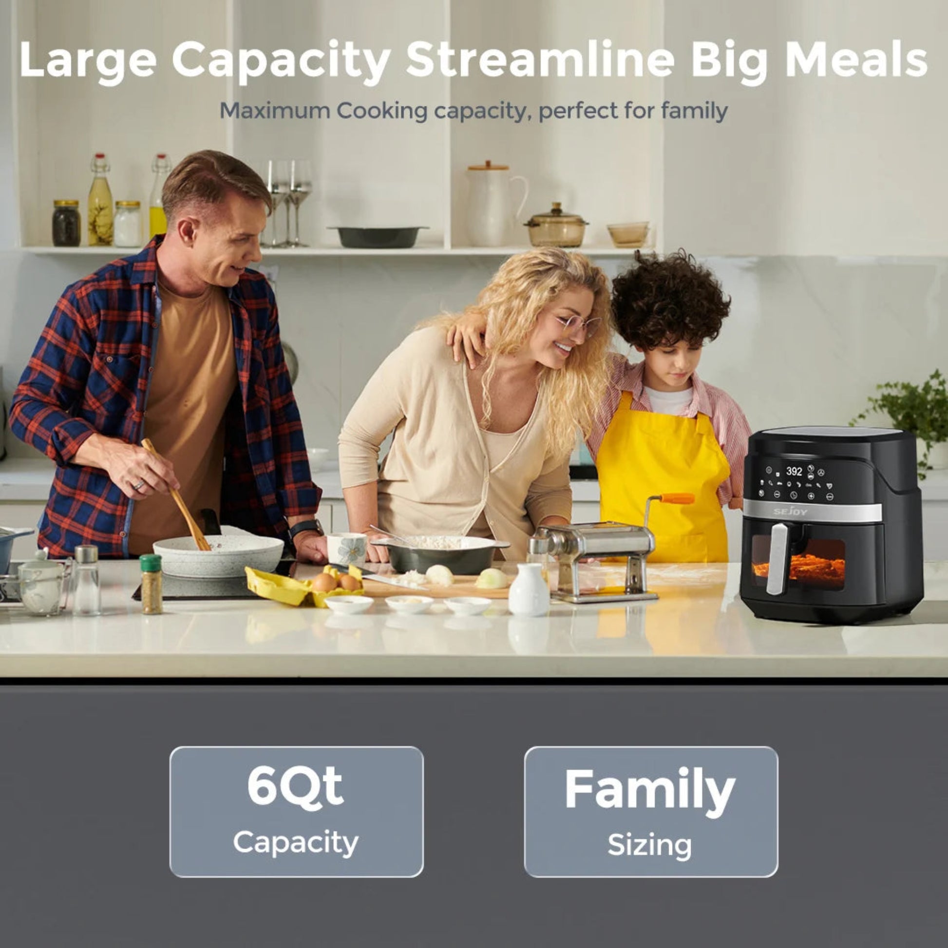 Family in a kitchen with large-capacity cookers emphasize maximum cooking capacity and suitability for family use.