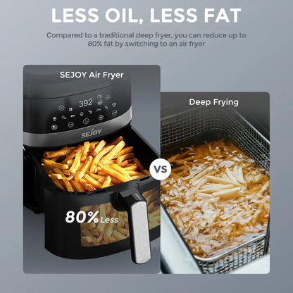 SEJOY air fryer with fries and comparison to deep frying on a gray background