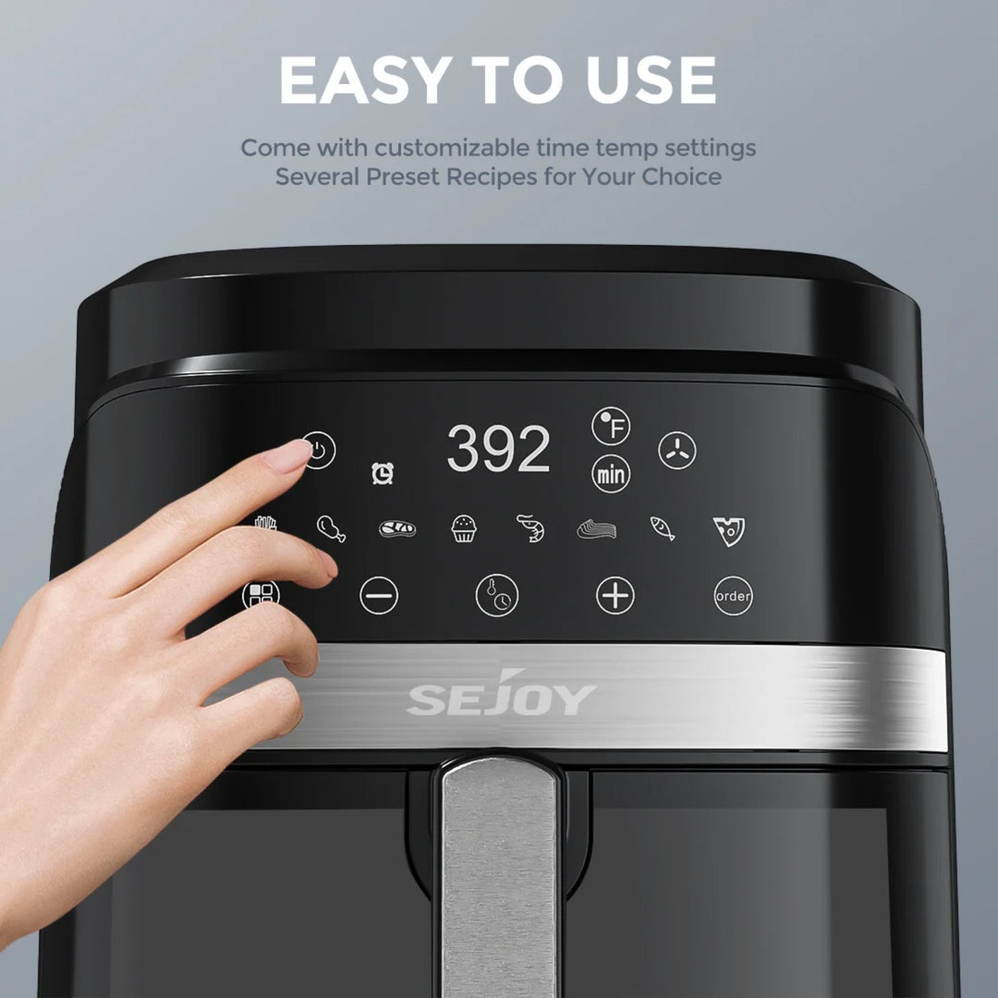 Black SEJOY air fryer with digital display and customizable settings on a gray background