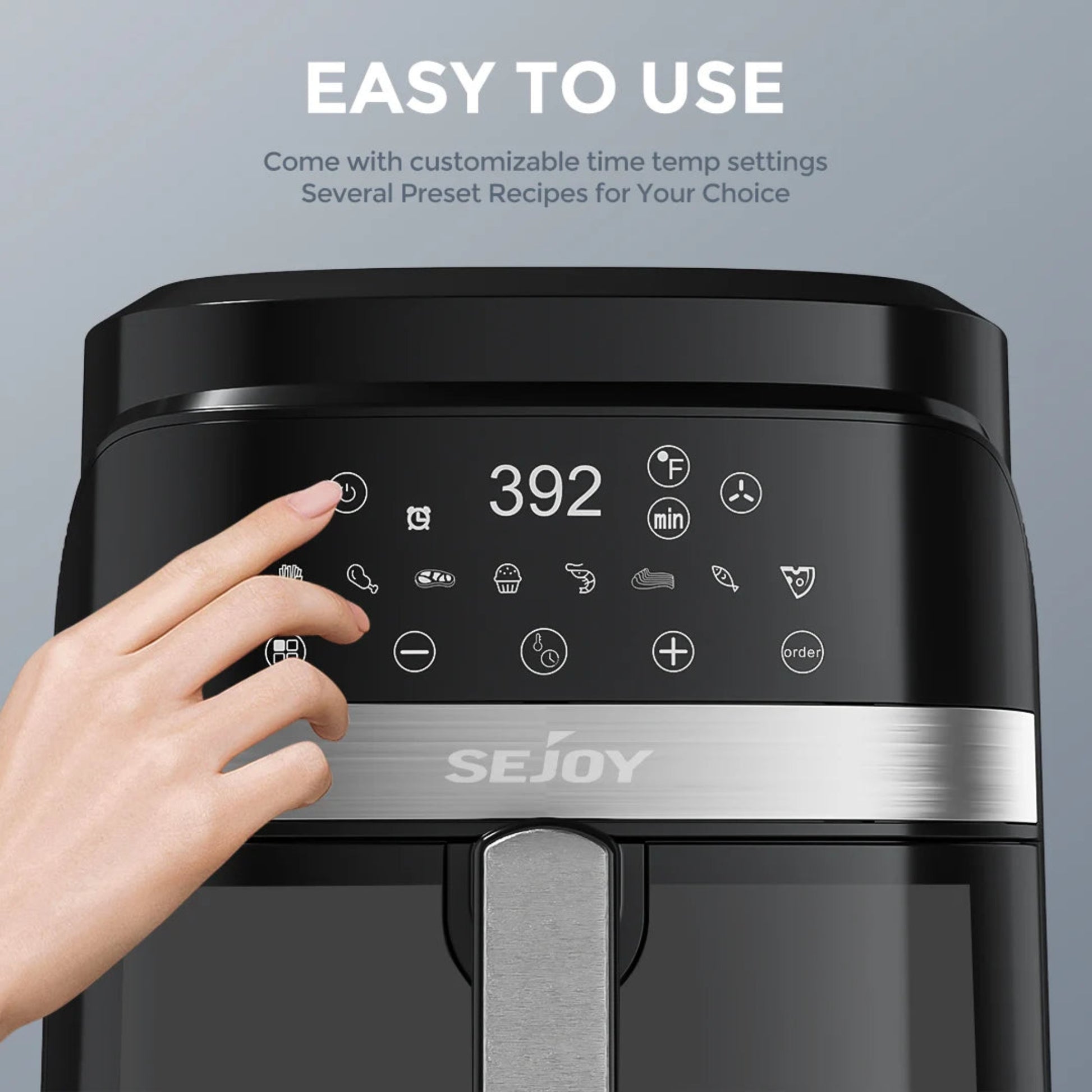 Black SEJOY air fryer with digital display and customizable settings on a gray background