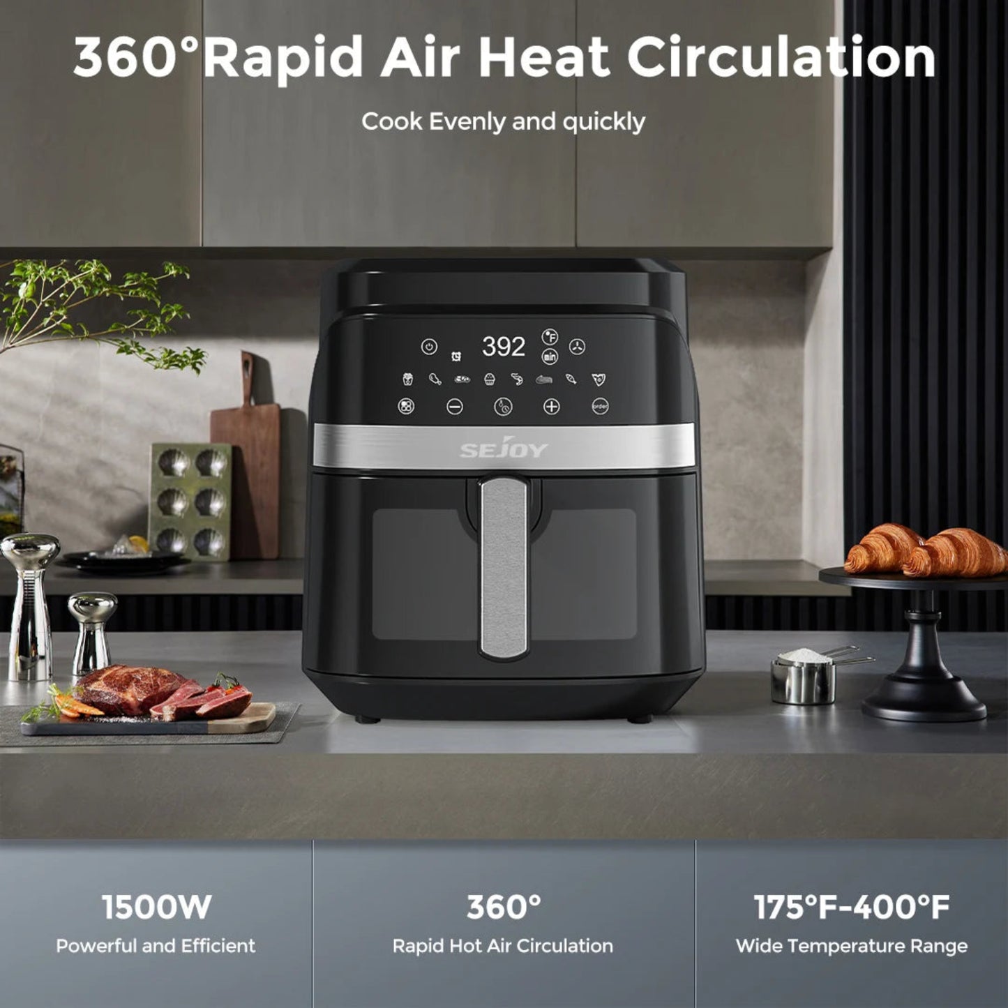Black air fryer on a kitchen counter with text highlighting features