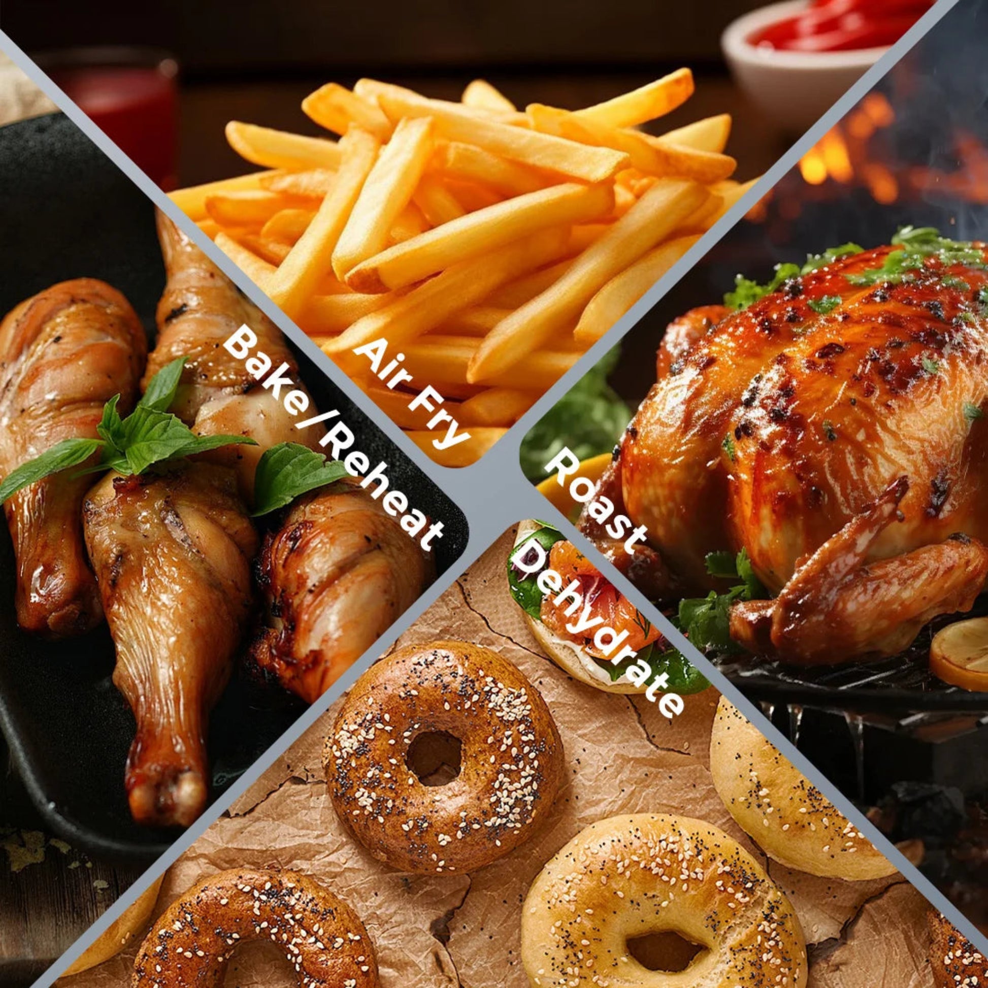 Collage of roasted chicken, bagels, and fries with text labels on a dark background.