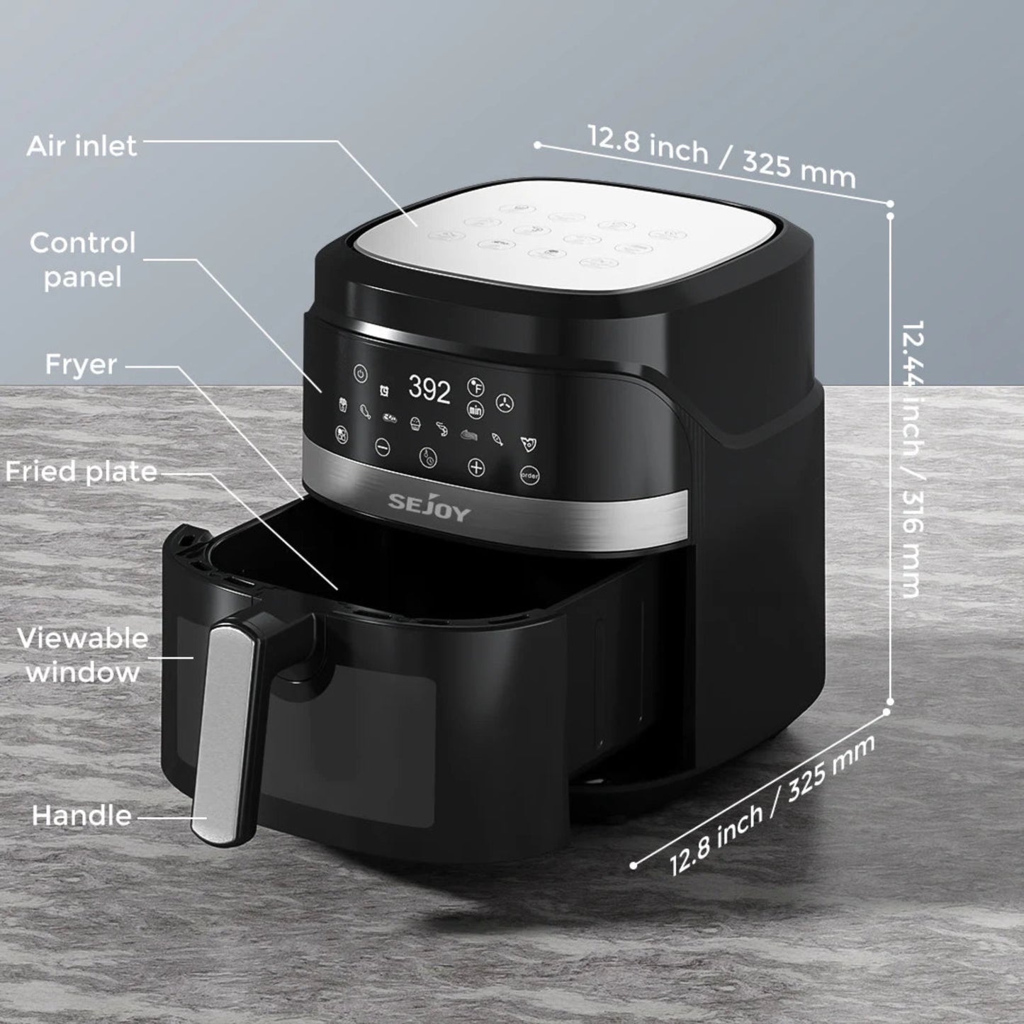 Black air fryer with labeled parts and dimensions on a gray background