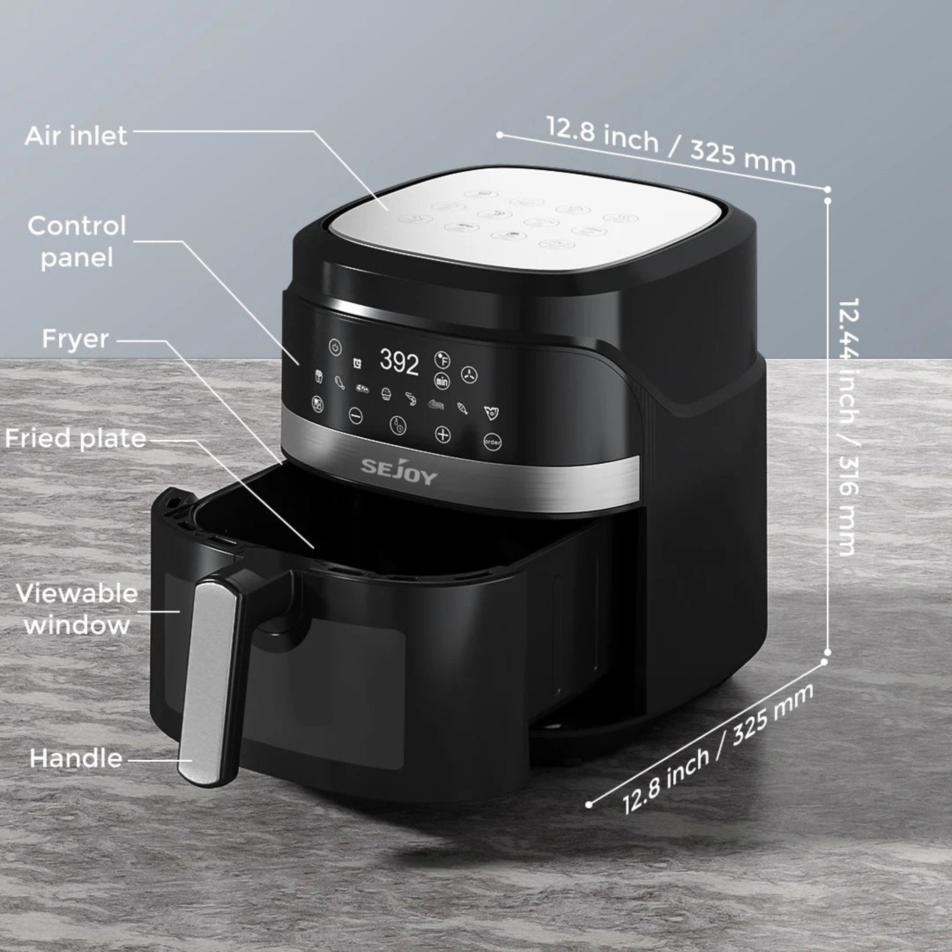 Black air fryer with labeled parts and dimensions on a gray background