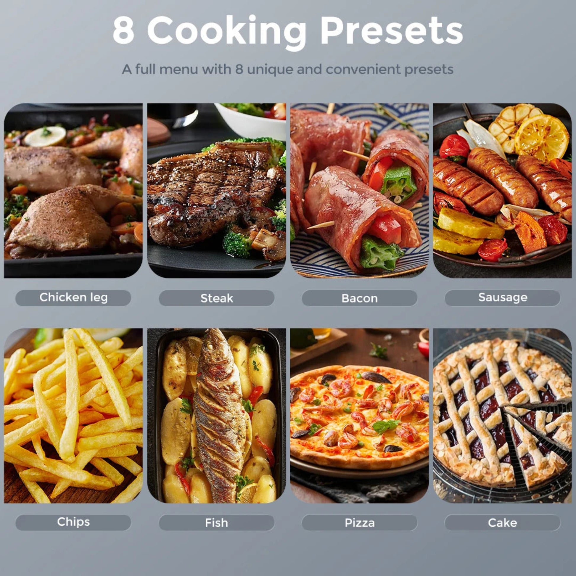 8 different food categories with cooking presets on a gray background