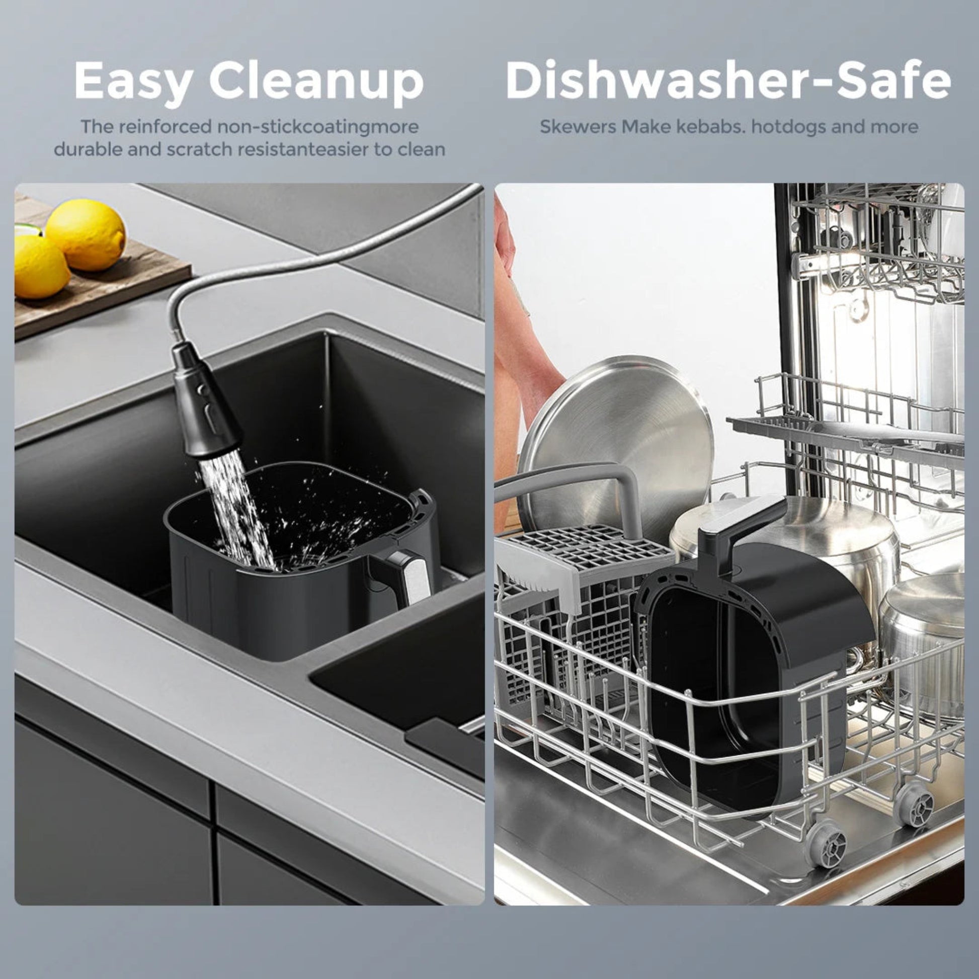 Collage showing a kitchen sink with a black utensil holder, a dishwasher with a black utensil holder, and text about easy cleanup and dishwasher safety.