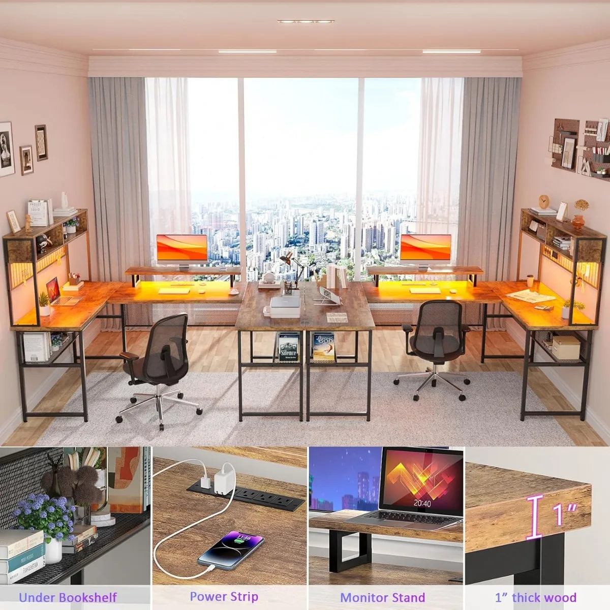 BOMP U-Shaped Office Desk with Power Outlets and LED Lights