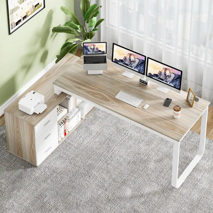 BOMP L-Shaped Office Desk with Drawers and Shelves