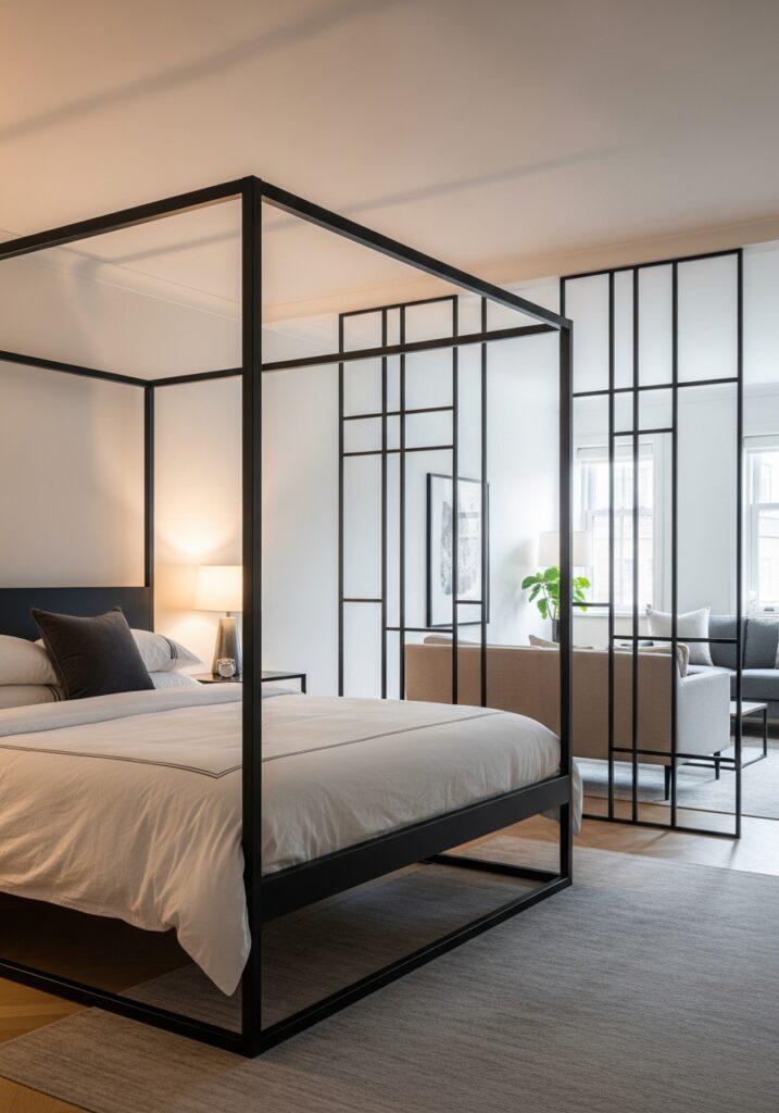 incorporate slim black steel framing through canop