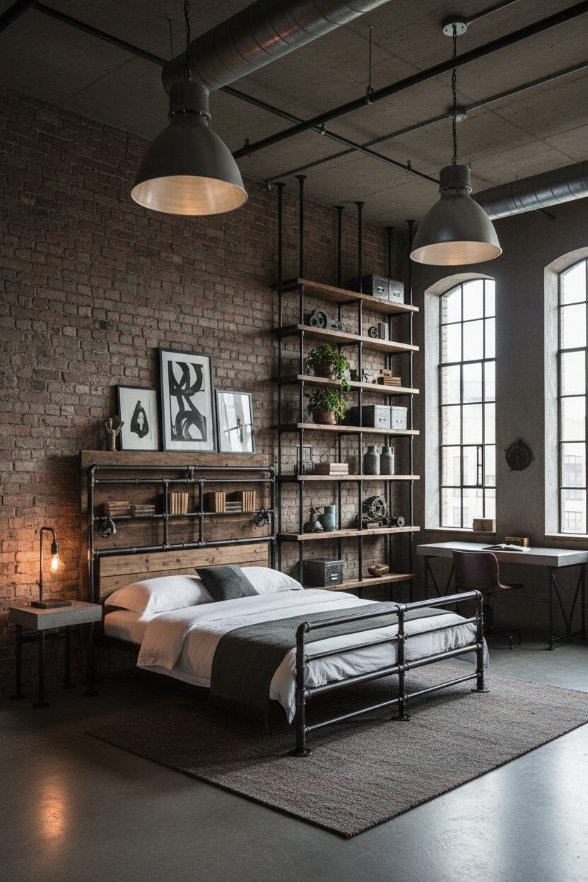 Repurposed Pipe Furniture and Open Shelving