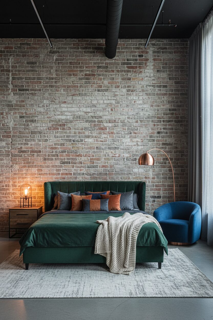 Exposed Brick with Velvet Upholstery