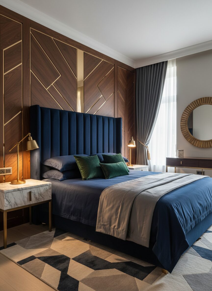 Luxurious Geometric Wood Panel Bedroom