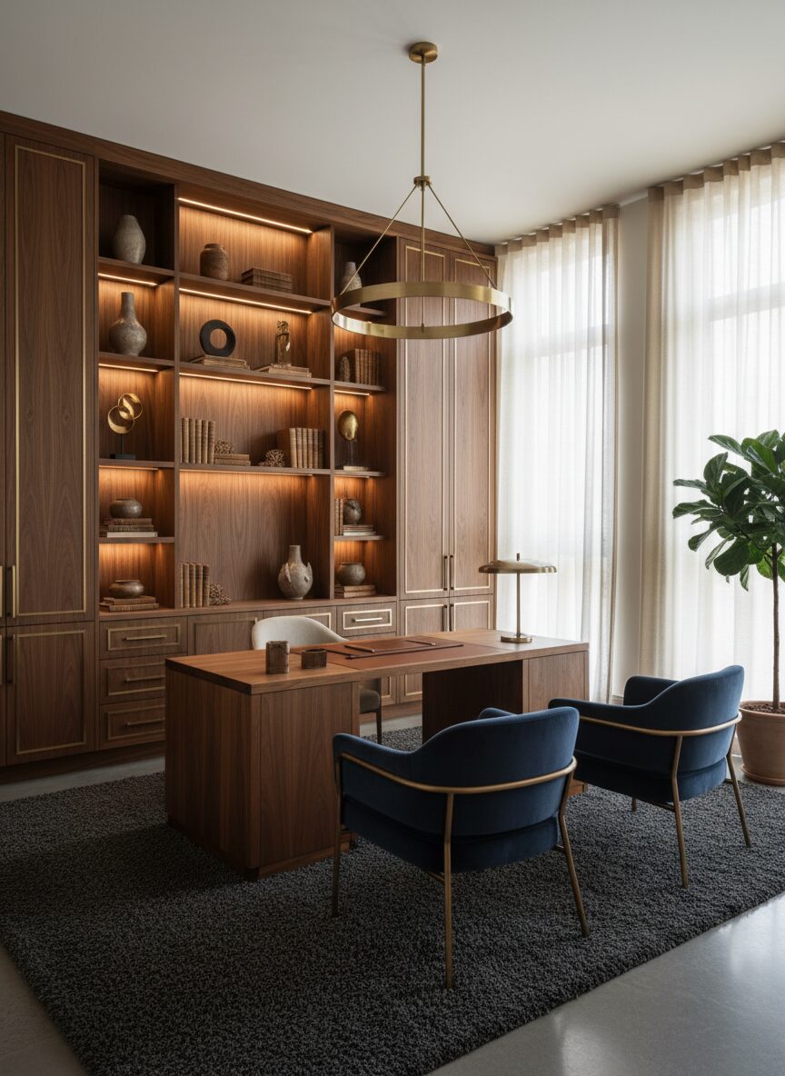 Sophisticated Walnut and Brass Workspace