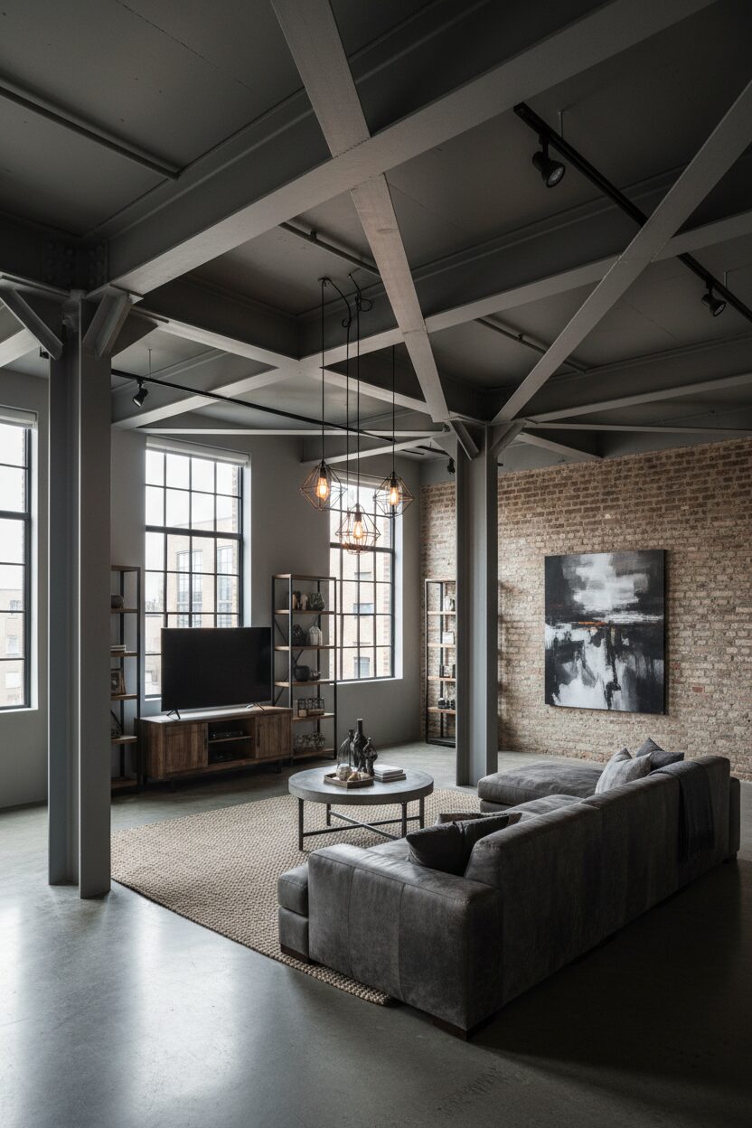 Exposed Steel Beams in Matte Pewter