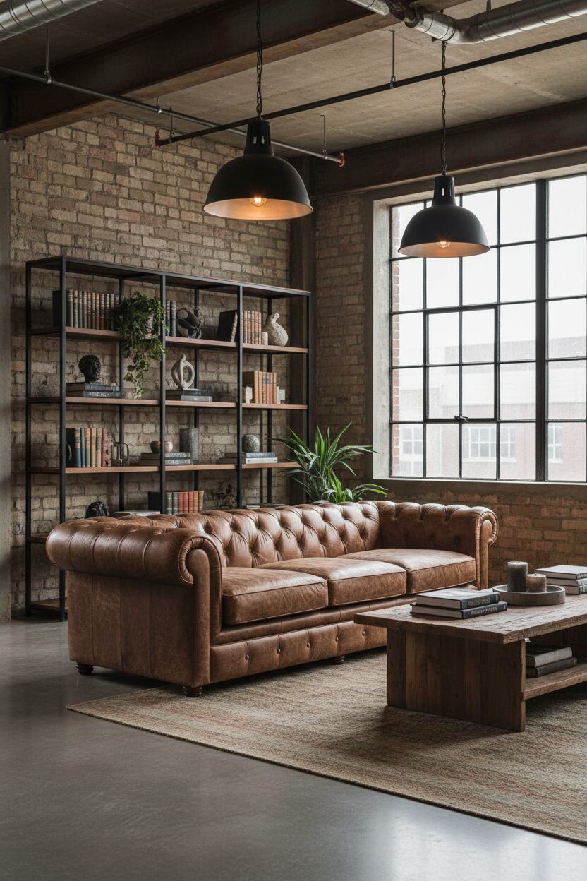 Distressed Brown Leather Sofa