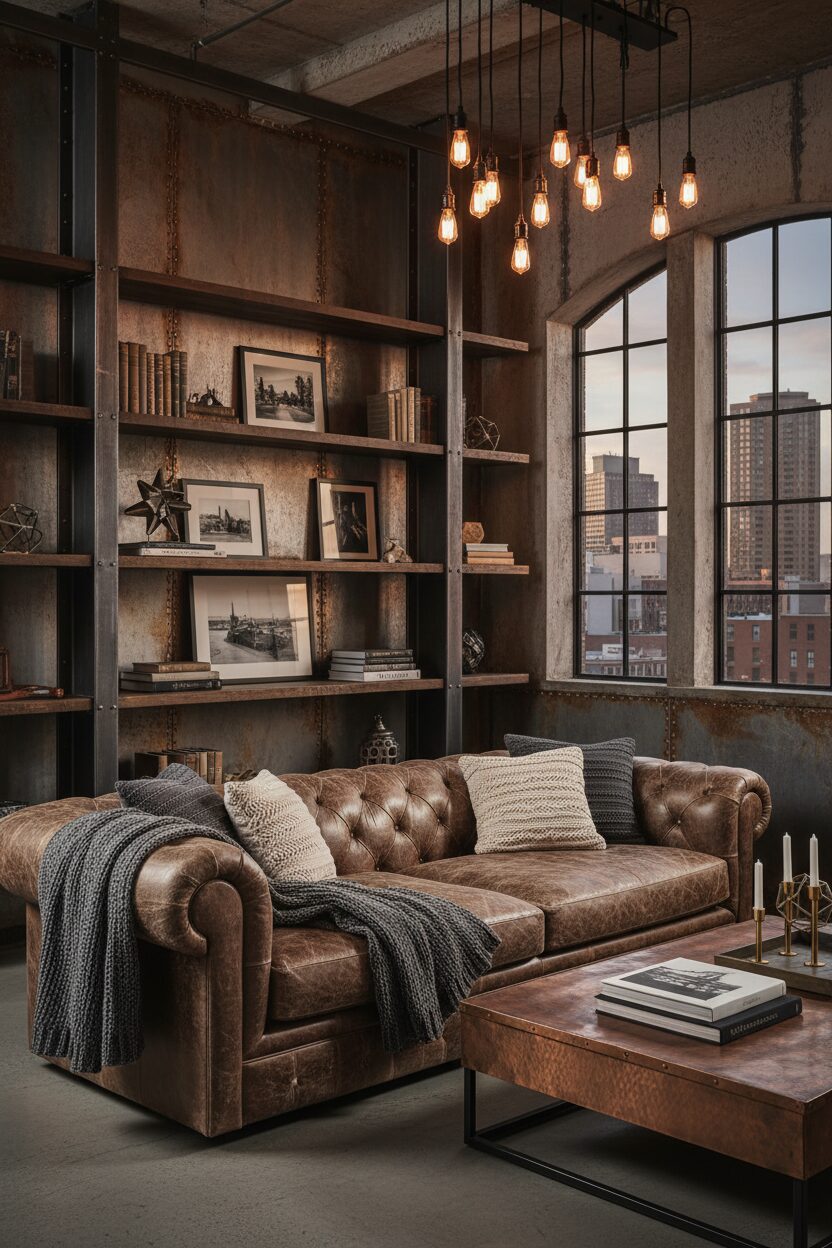 Distressed Brown Leather Sofa