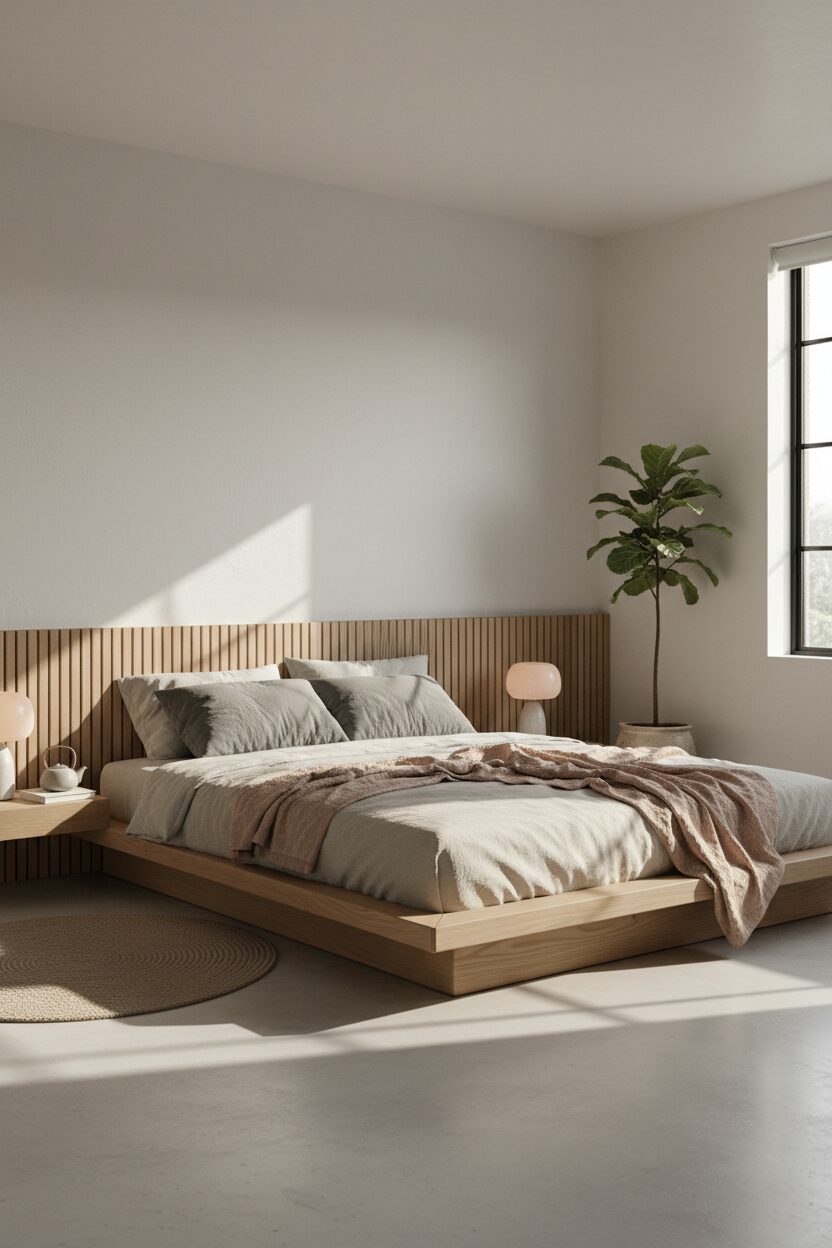 3. Low Platform Bed and Linen Sheets
