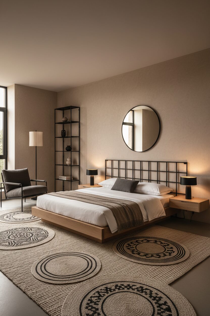 6. Woven Rugs and Black Metal Accents