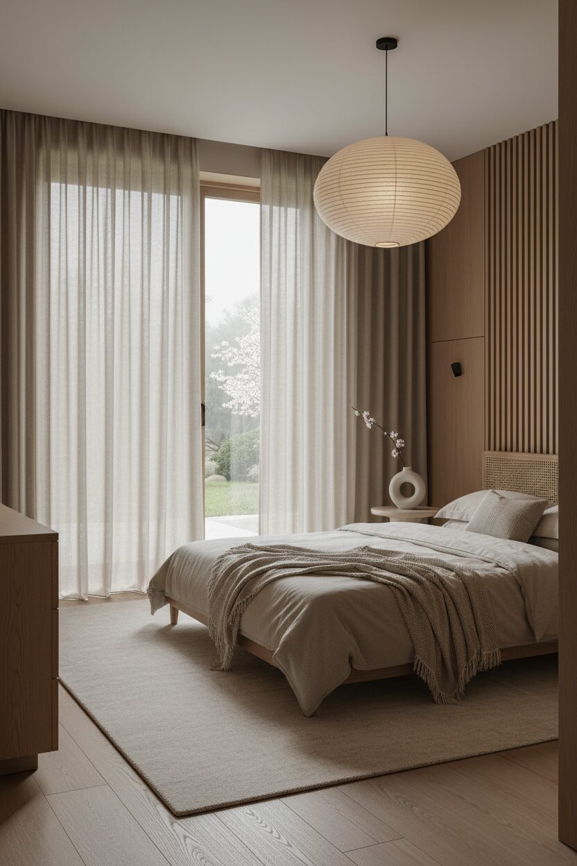 7. Soft Curtains and Beige Wood Tones