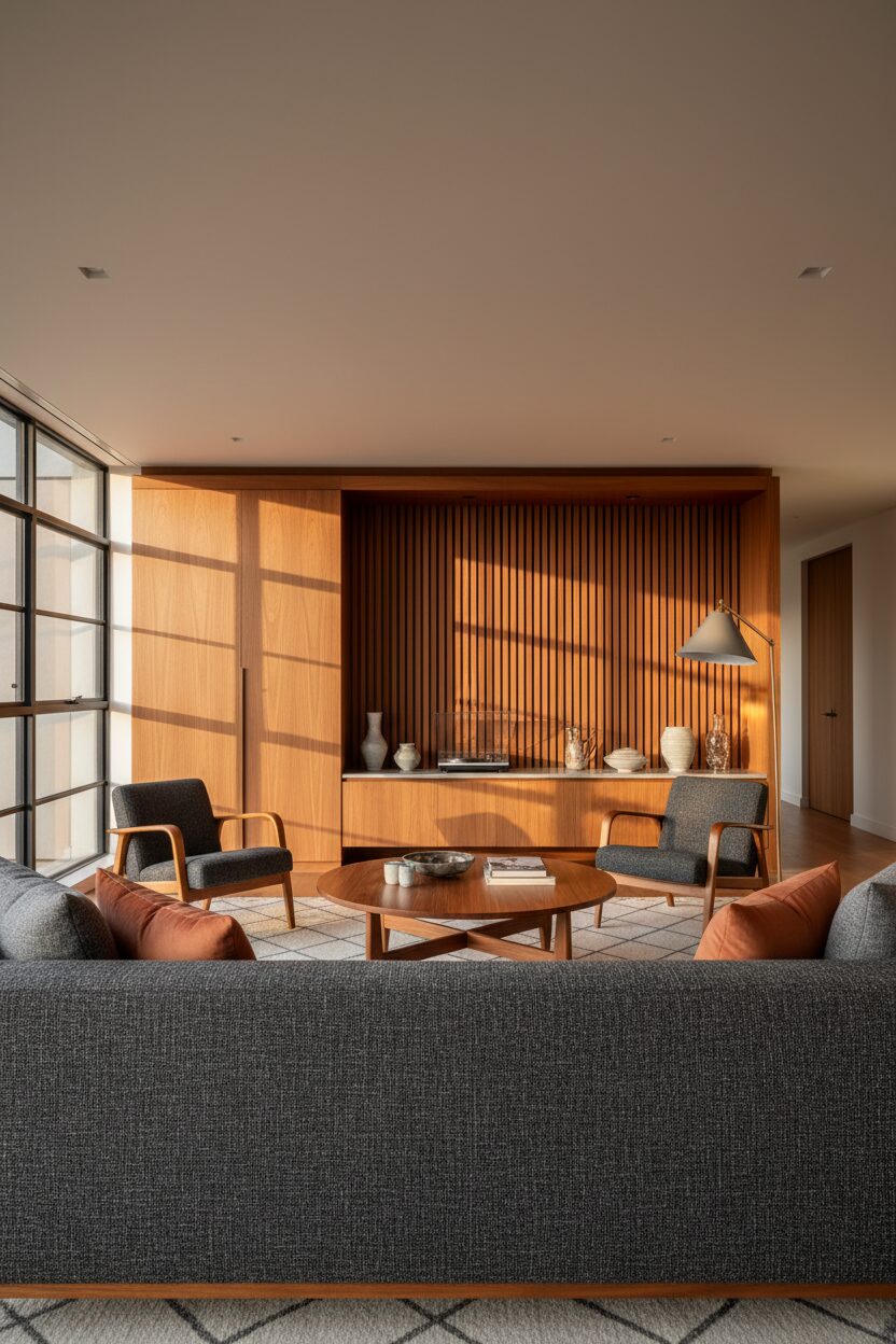 Dark Grey Fabric and Warm Teak Wood