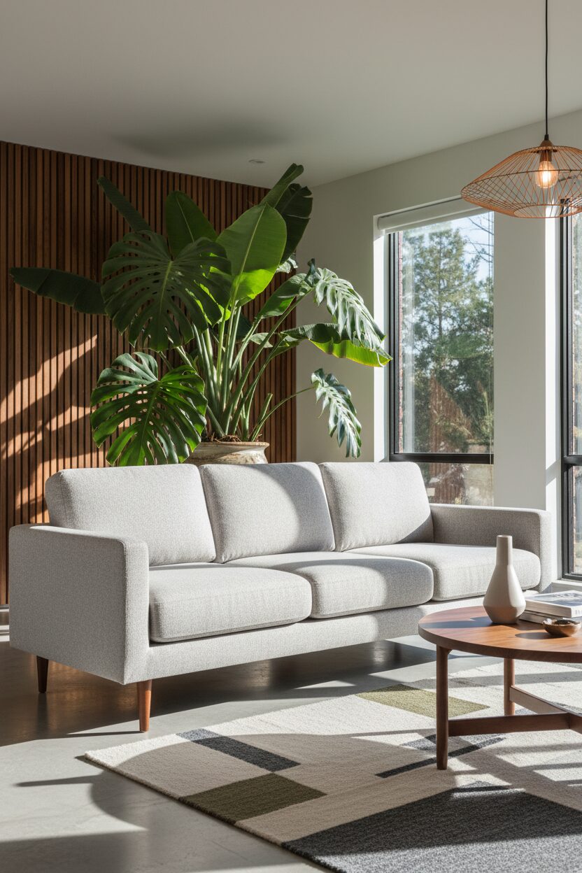 Pale Grey Sofa and Large Green Leaves