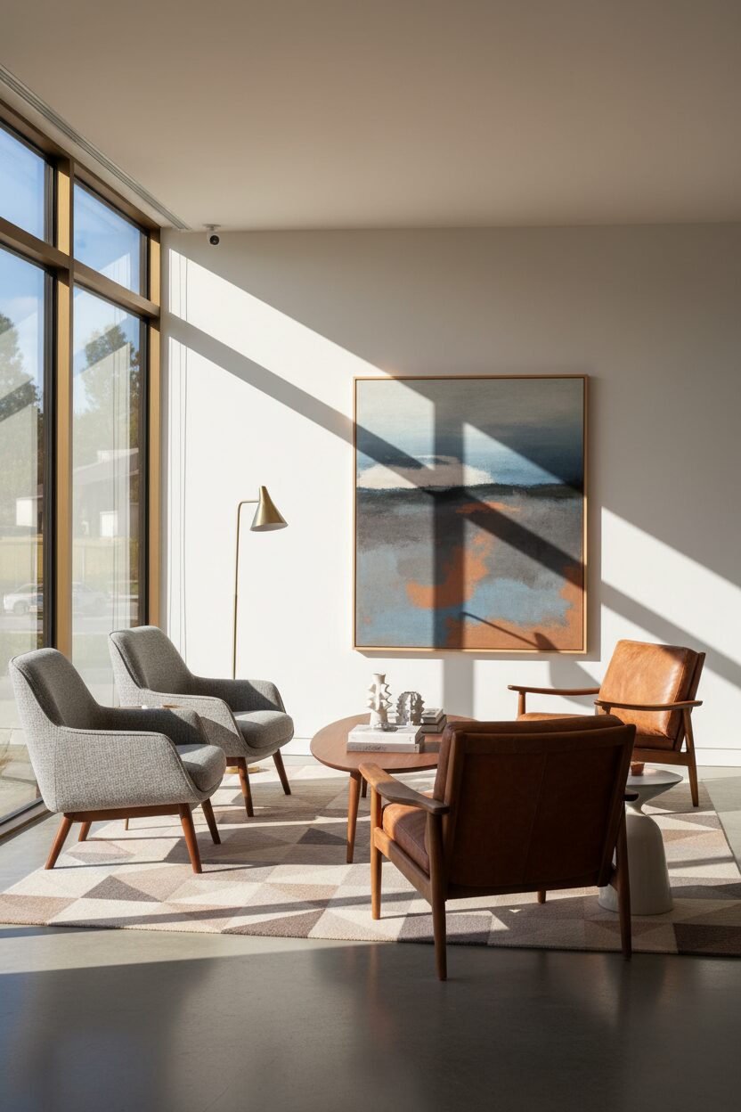 Dove Grey Fabric and Brown Leather Chairs