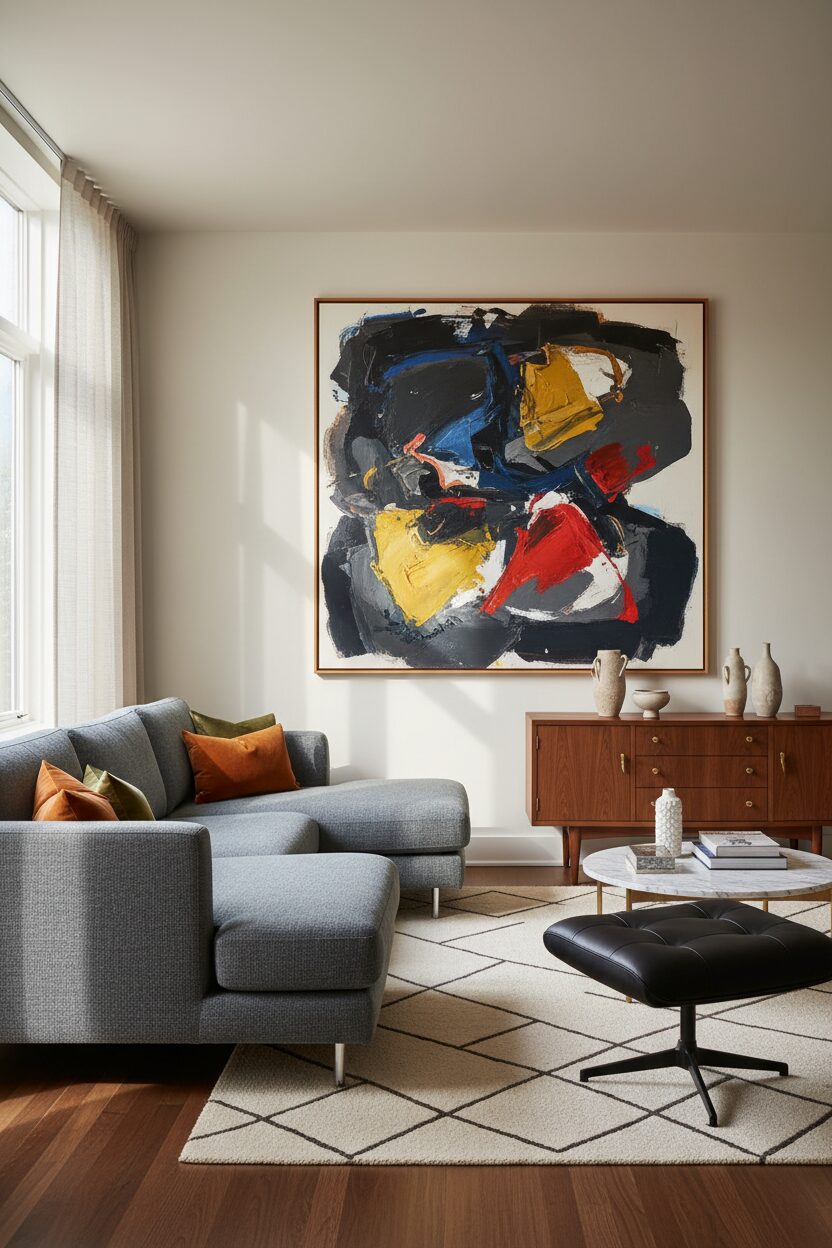 Slate Grey Couch with Bold Abstract Art