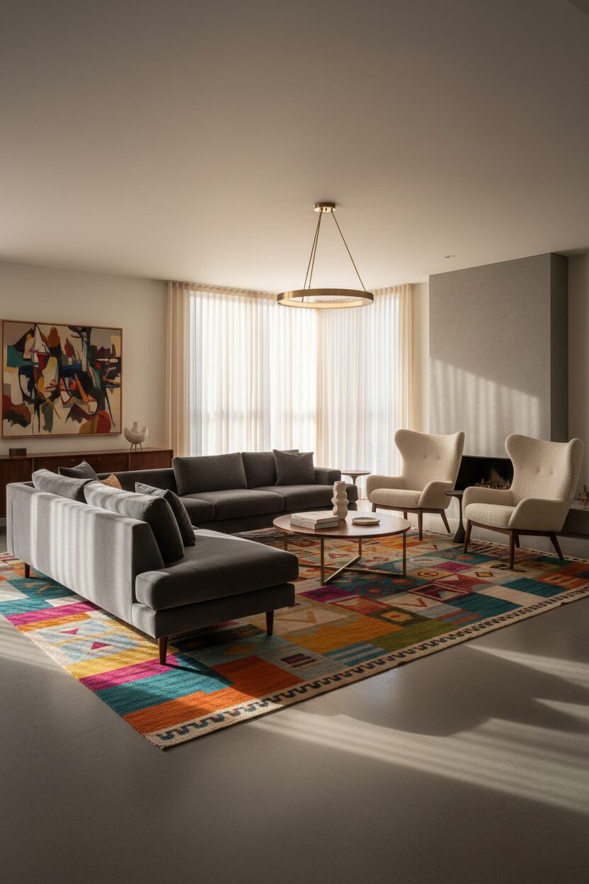 Smooth Grey Velvet and Colorful Rugs