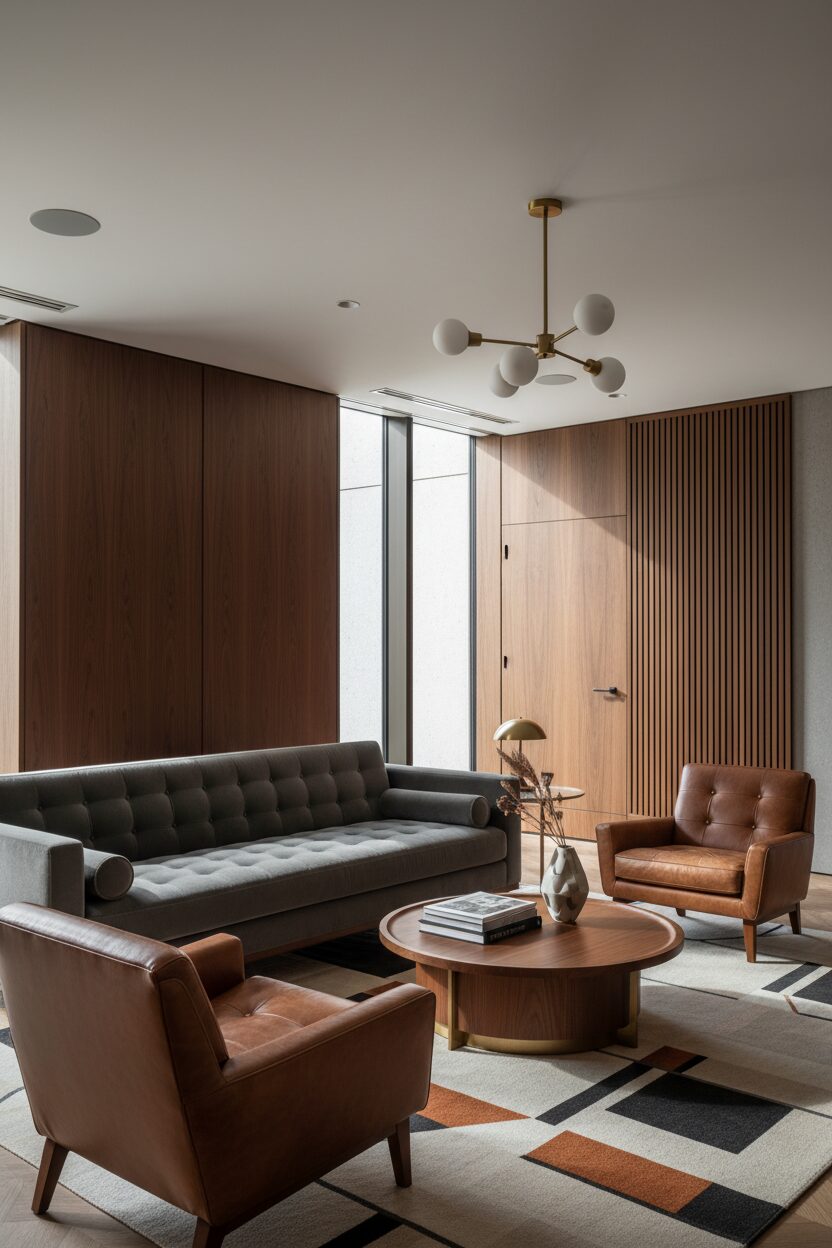 Button-Tufted Grey and Rich Brown Leather