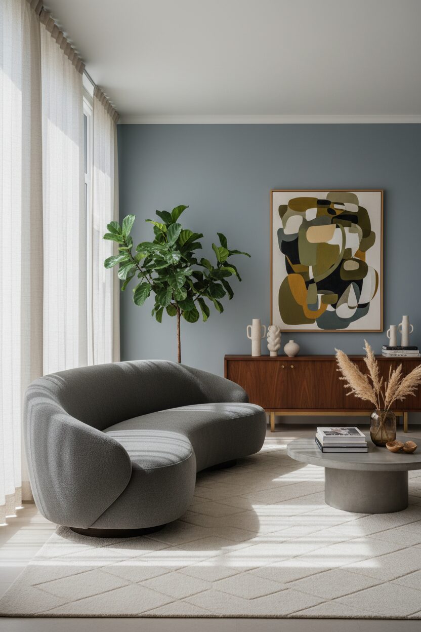 Curved Grey Couch with a Rounded Back