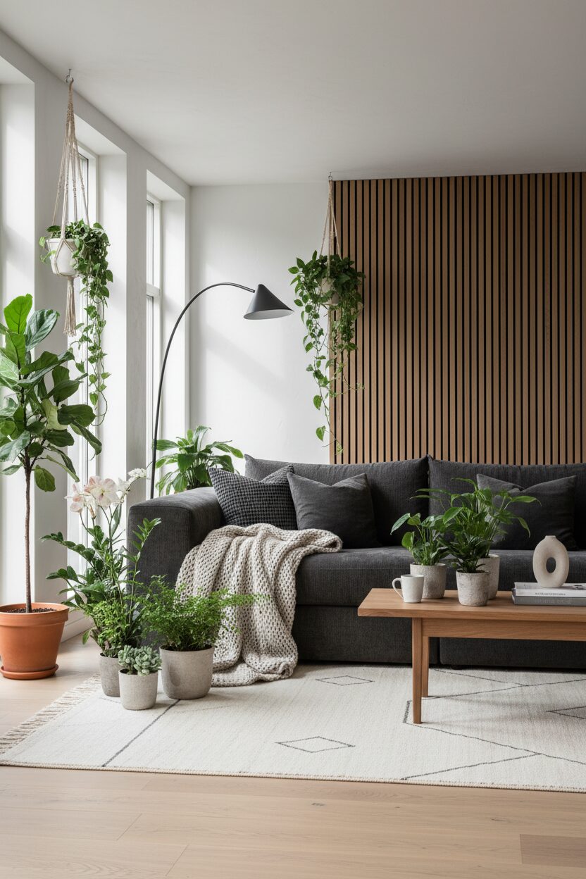 Dark Charcoal Sofa with Green Plants