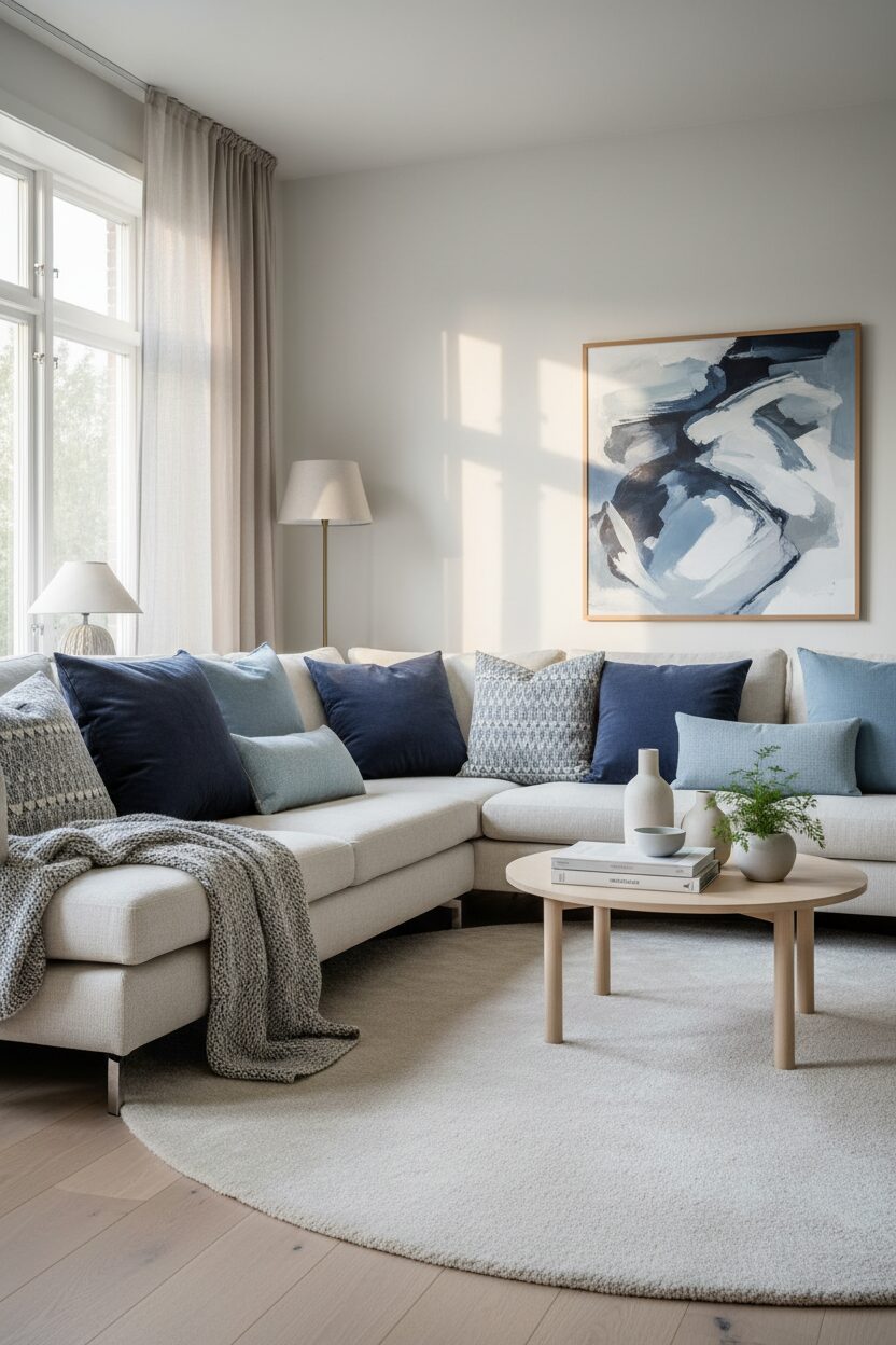Soft Fabric Couch with Blue Accents