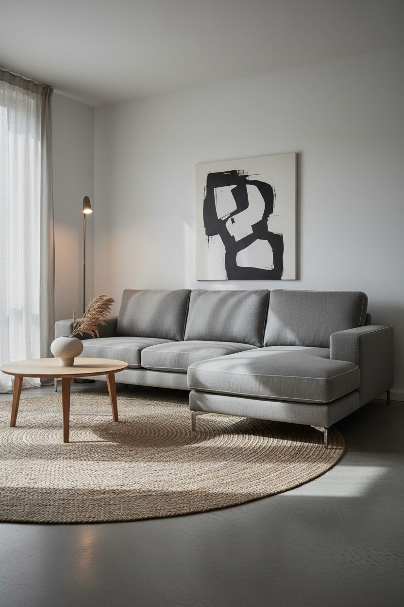Minimalist Grey Couch with Jute Rug