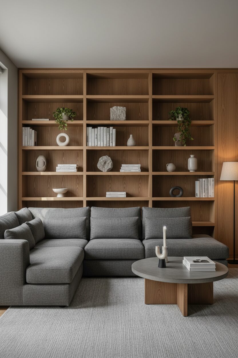 Modern Grey Sofa with Wooden Shelves
