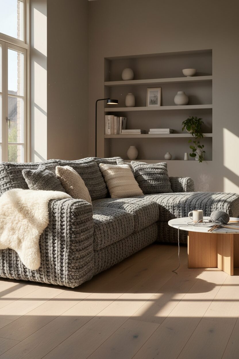 Cozy Grey Couch with Knitting Texture