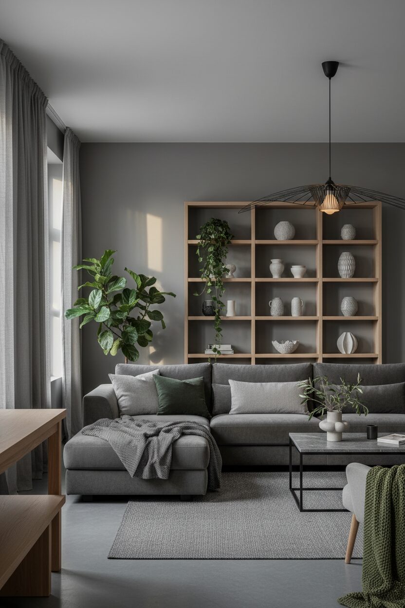 Medium Grey with Green Leaves