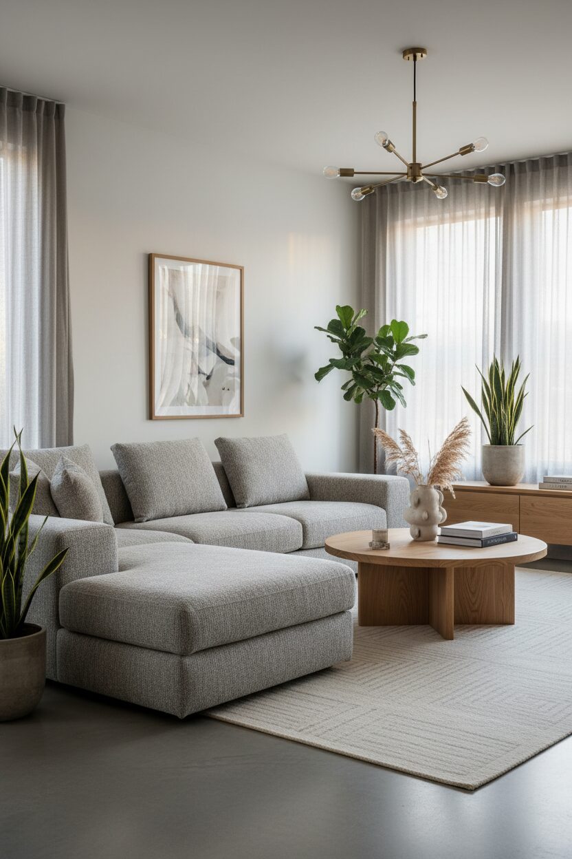 Soft Grey Fabric with Light Oak Wood