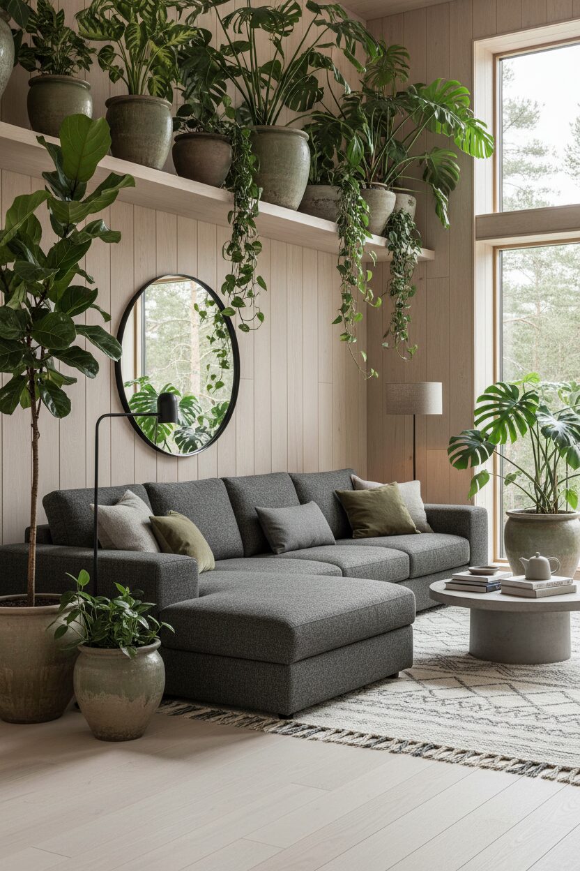 Large Grey Sectional and Green Leafy Plants