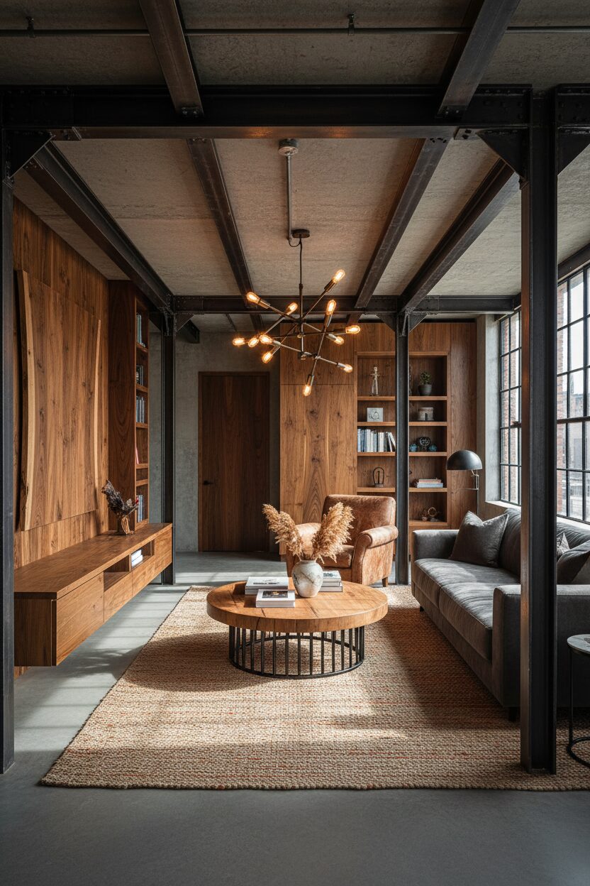 Dark Metal Pipes and Warm Wood