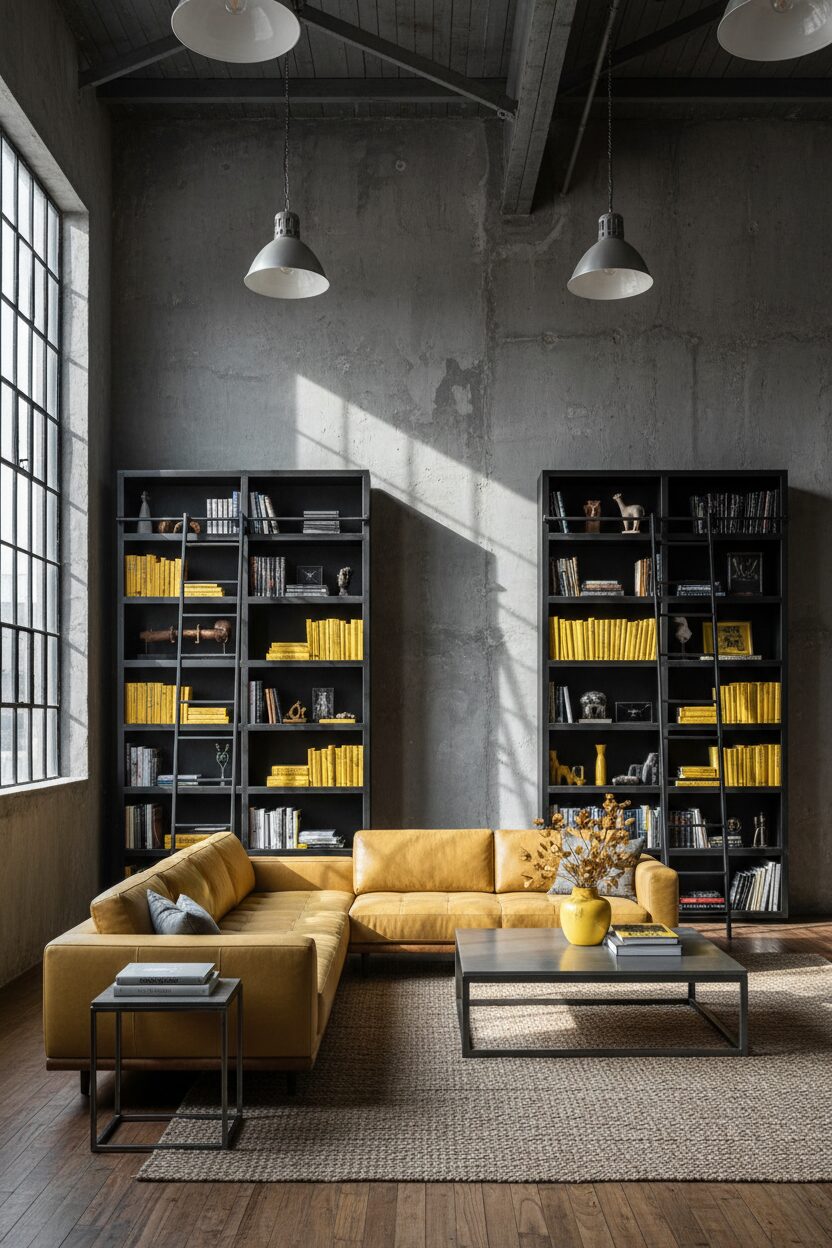 Black Bookcases and Bright Yellow