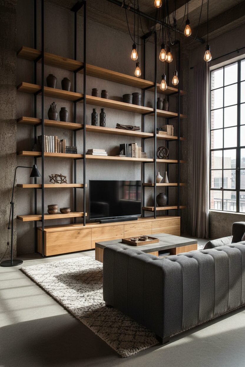 Black Iron Shelves and Light Oak Wood