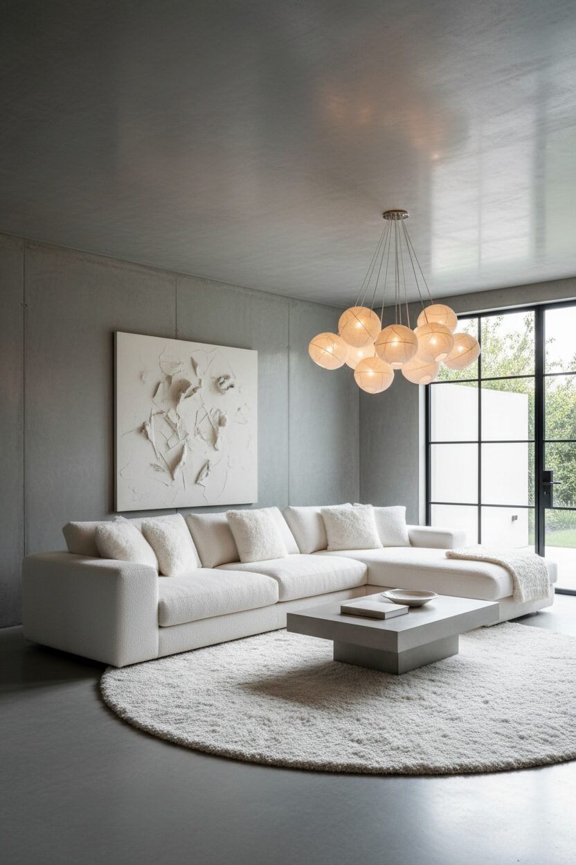 Smooth Concrete Walls with Fluffy White Decor