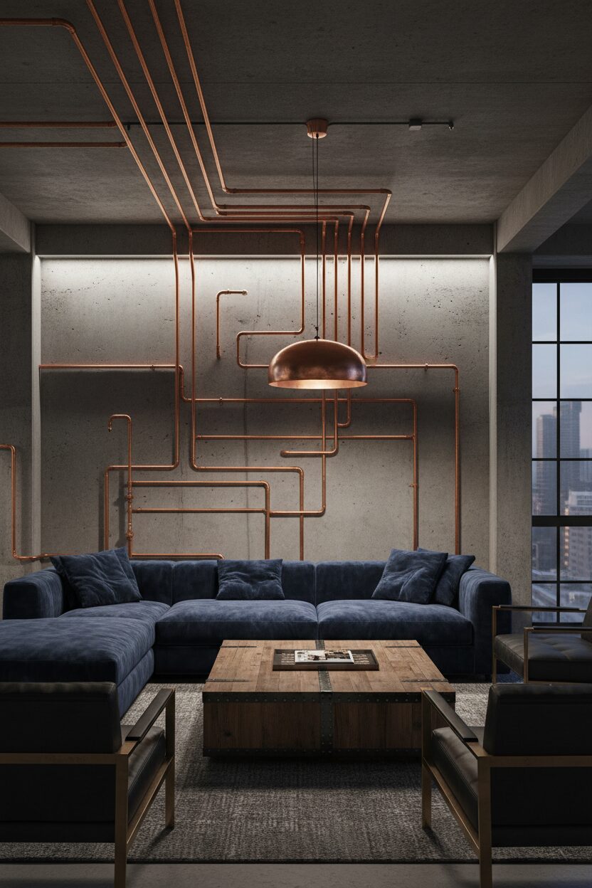 Exposed Copper Pipes and Navy Blue Velvet