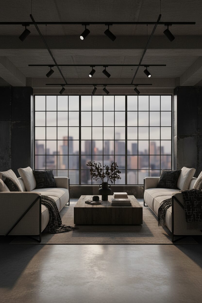 Matte Black Accents on Light Linen Sofas