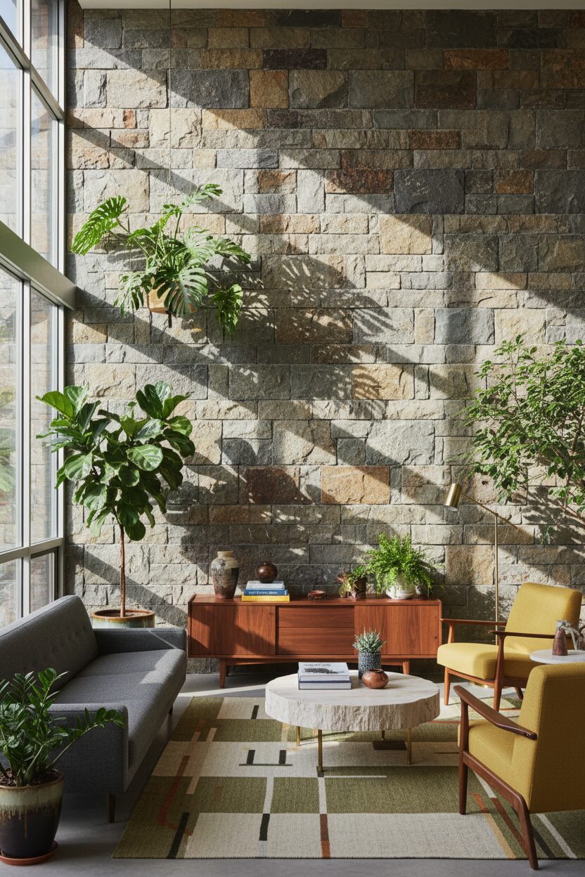Green Plants and Natural Stone Walls